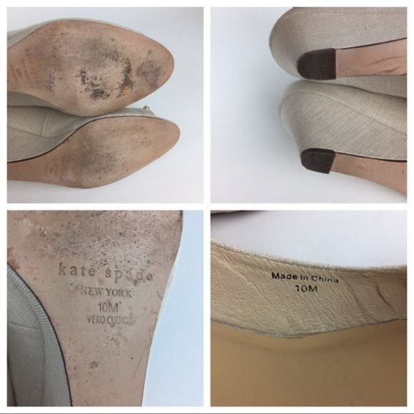Kate Spade Womens Linen Peep Toe Wedge Heels Beige Cream Shoes Gold Bow size 10 - Picture 14 of 15